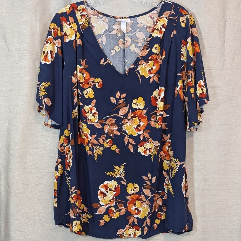 Ingrid & Isabel Blue Orange Floral Print V-Neck Blouse Flutter Sleeve Size Large